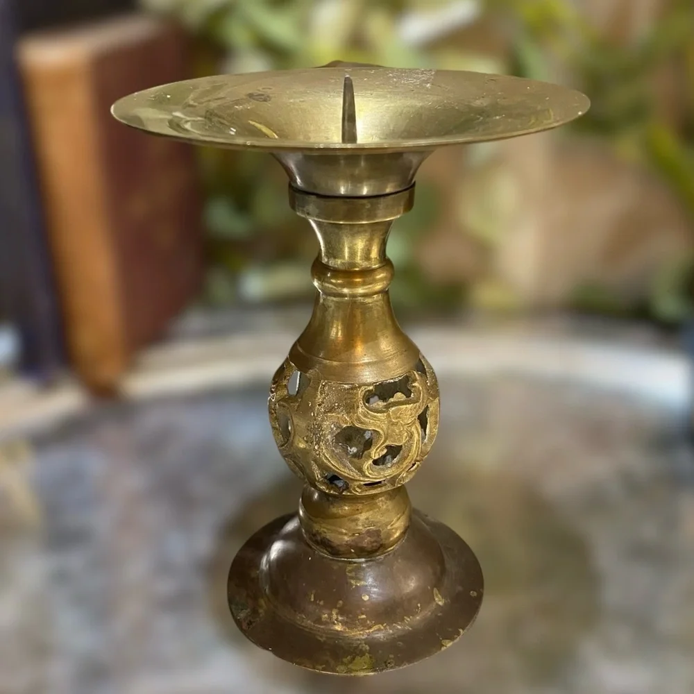 Vintage Solid Brass Open Work Pedestal Candle Holder Spike Plate Pillar